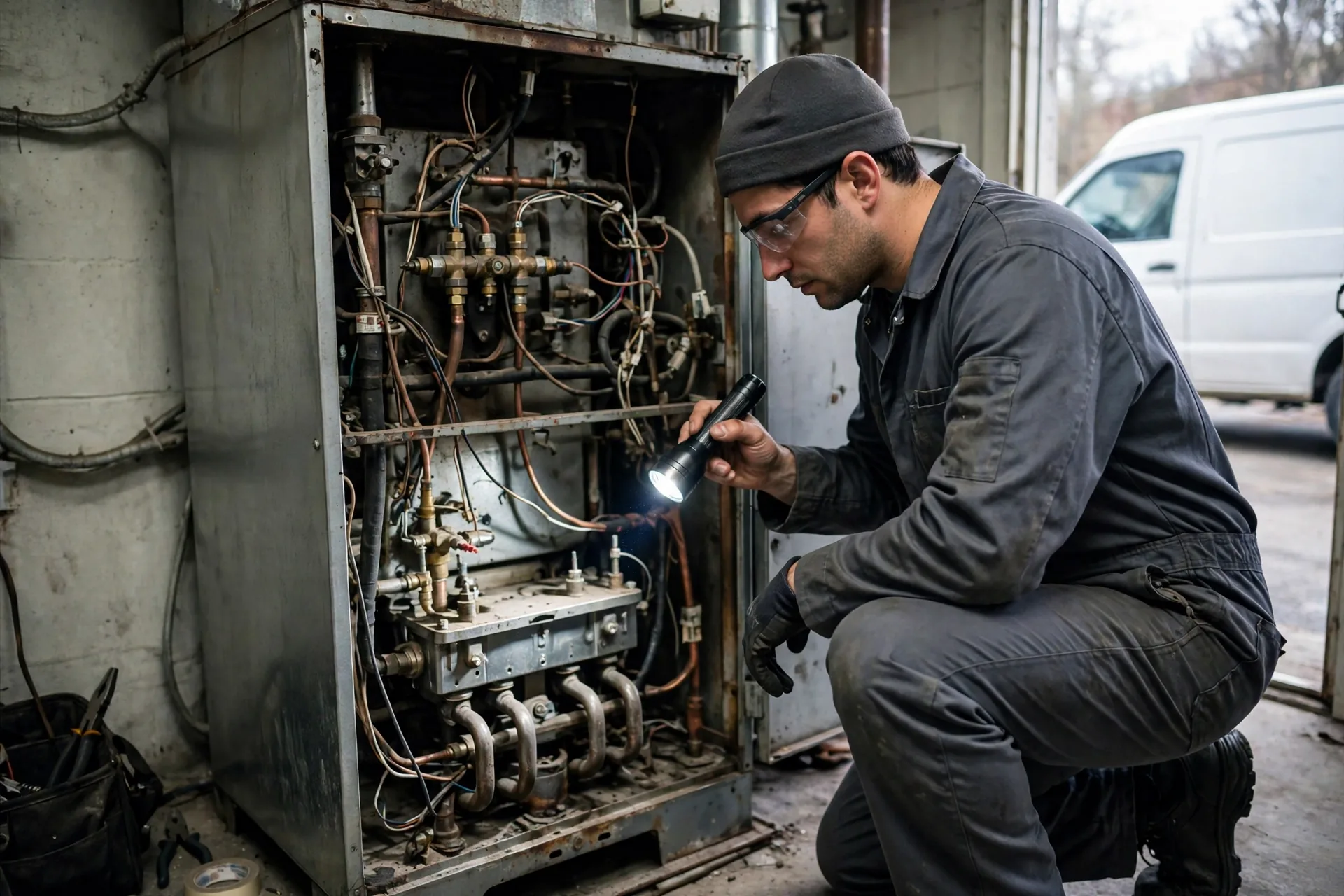 Technician inspecting furnace wiring with a flashlight during a safety check
