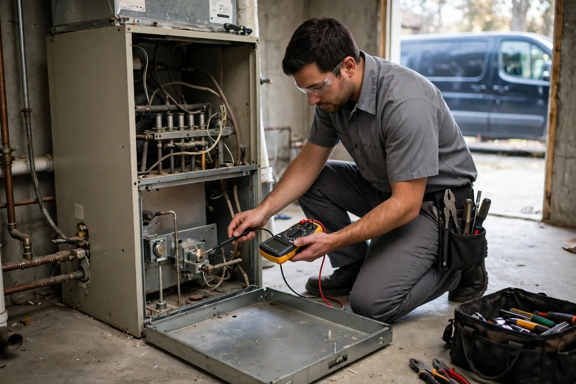 Technician measuring a flame sensor signal on a gas furnace in Loudoun County