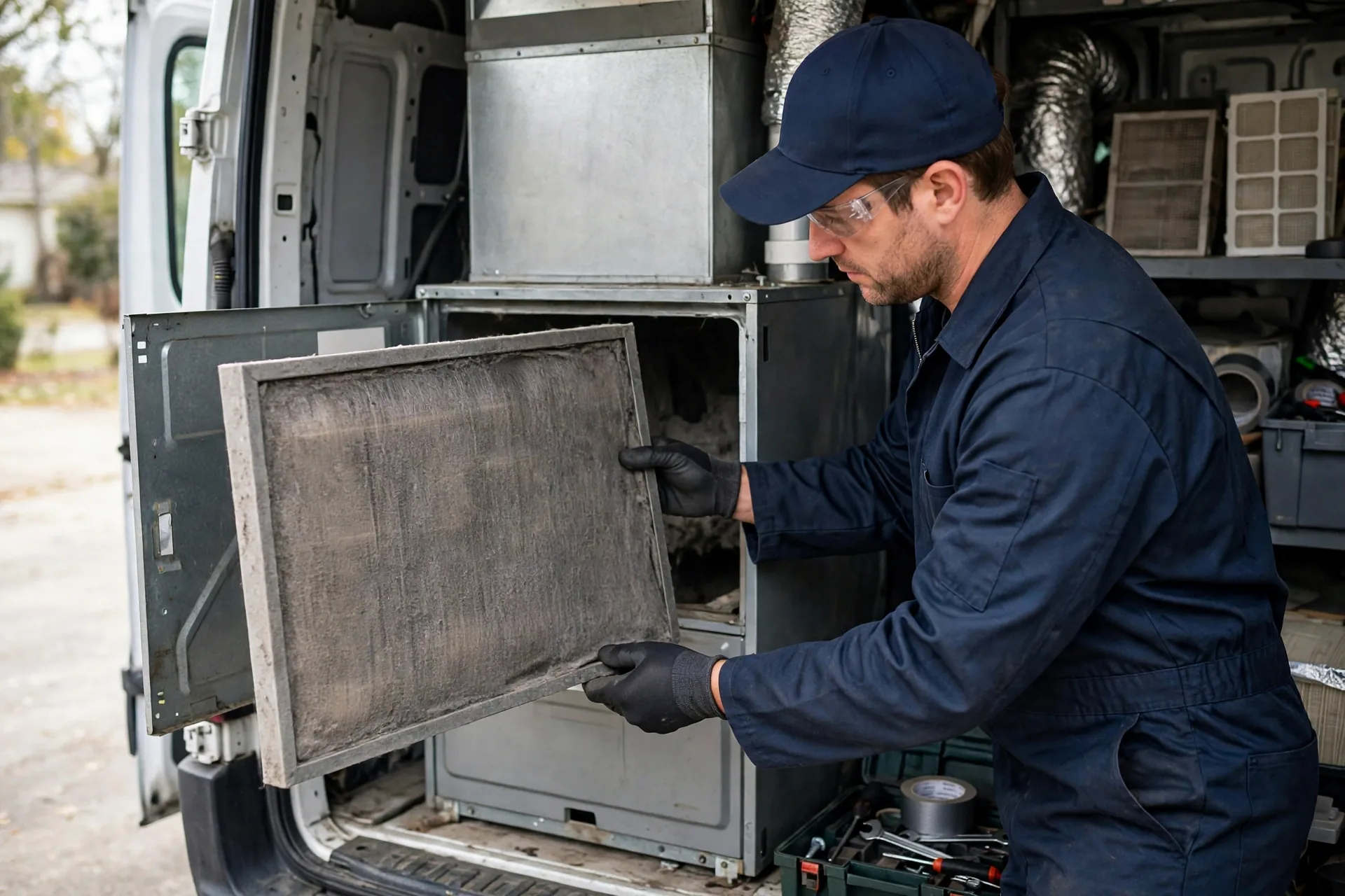 Technician removing a clogged furnace filter from its slot