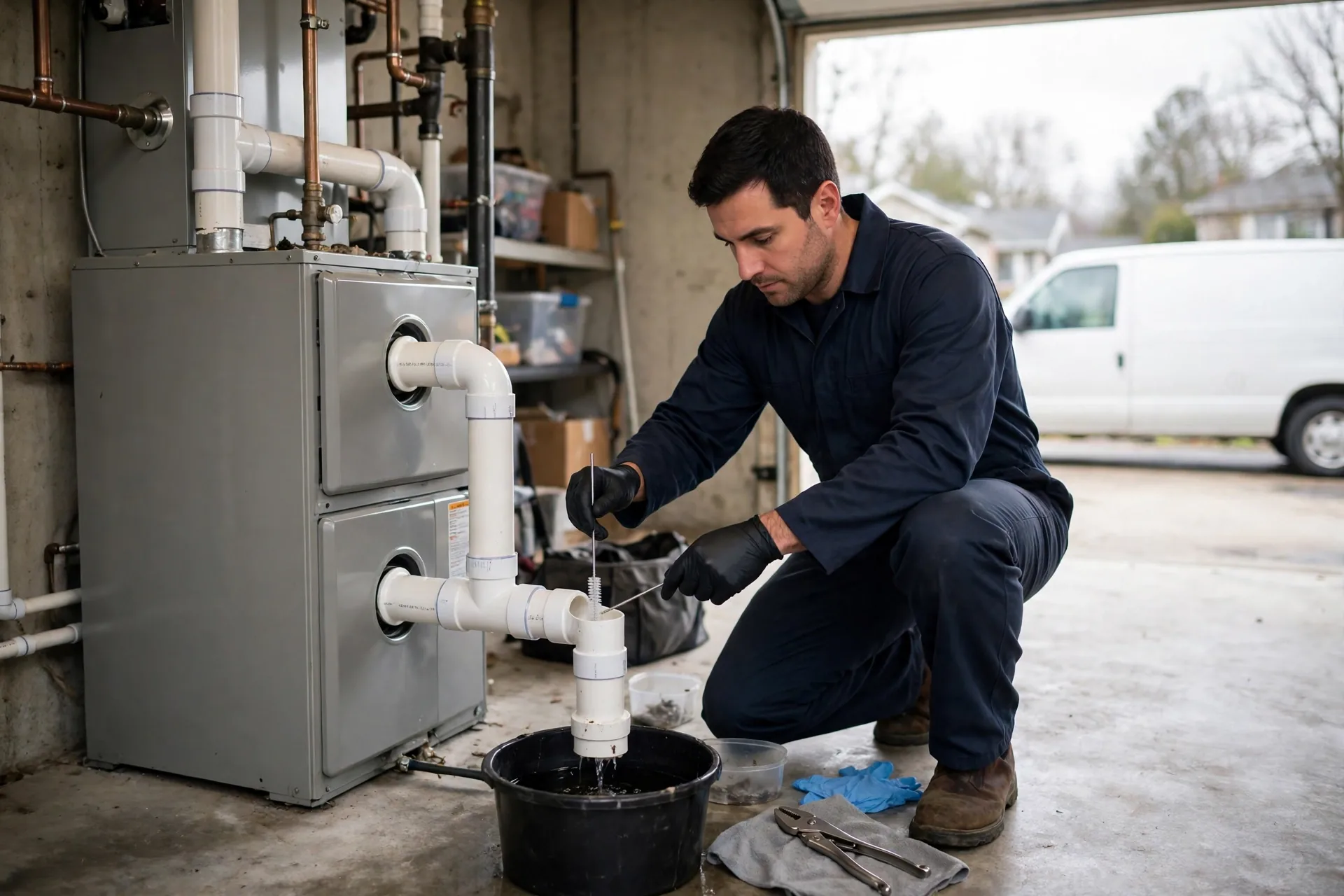 Technician clearing a condensate drain trap on a condensing furnace