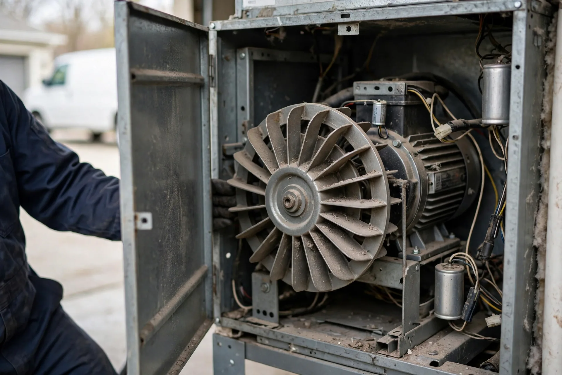 Blower wheel and motor assembly inside an open furnace cabinet