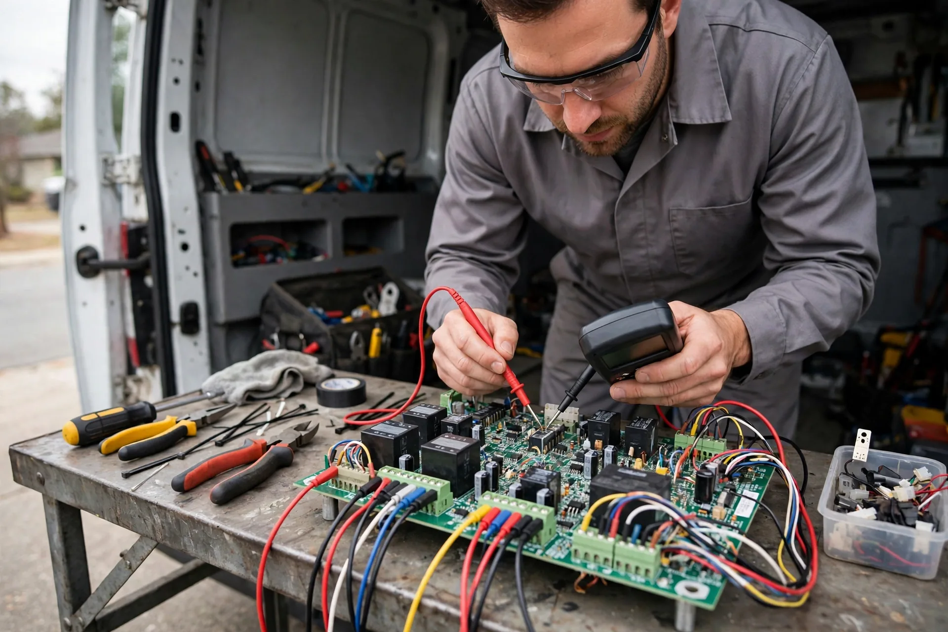 Technician testing a furnace control board with a multimeter